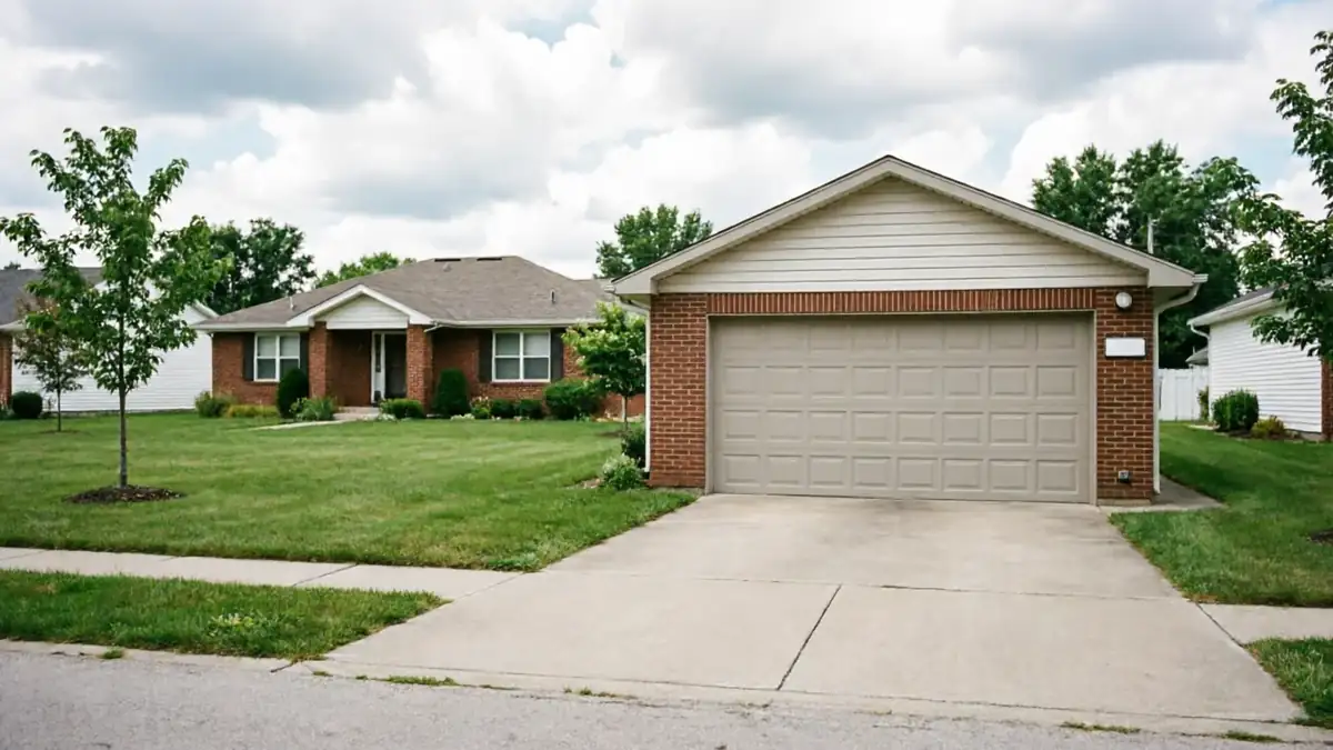 A tan garage door is on a brick house with a green lawn and trees.
