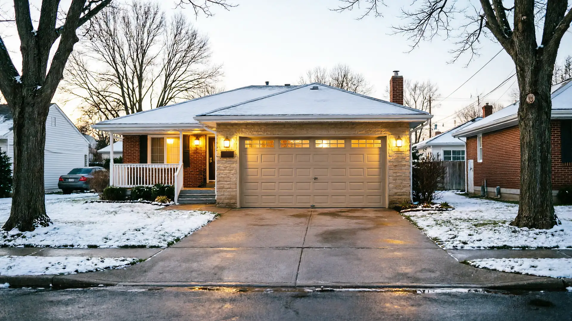 A house with a beige garage door and a snow-covered roof and yard.