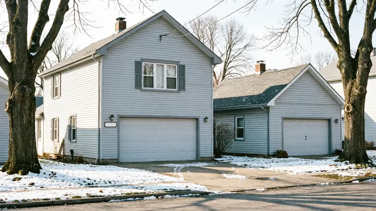 Two light blue houses with white garage doors and snow on the ground.